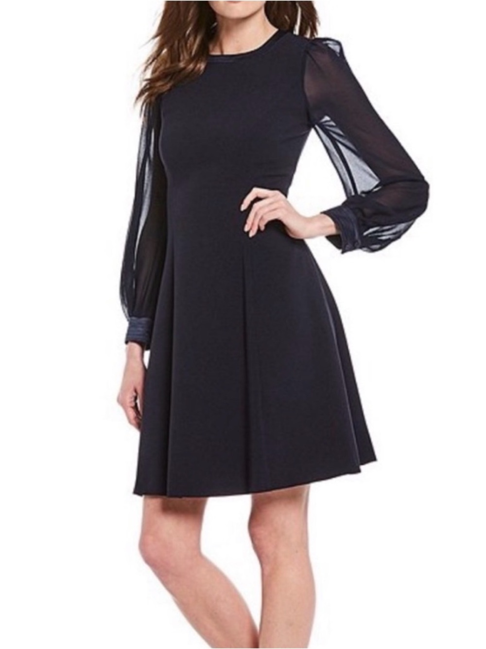 Chiffon Sleeve A-Line Navy Dress